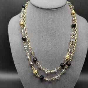 Vintage Long Black Smoky Crystal Necklace, 44 Inch, Gold Tone Chain Spacer Beads